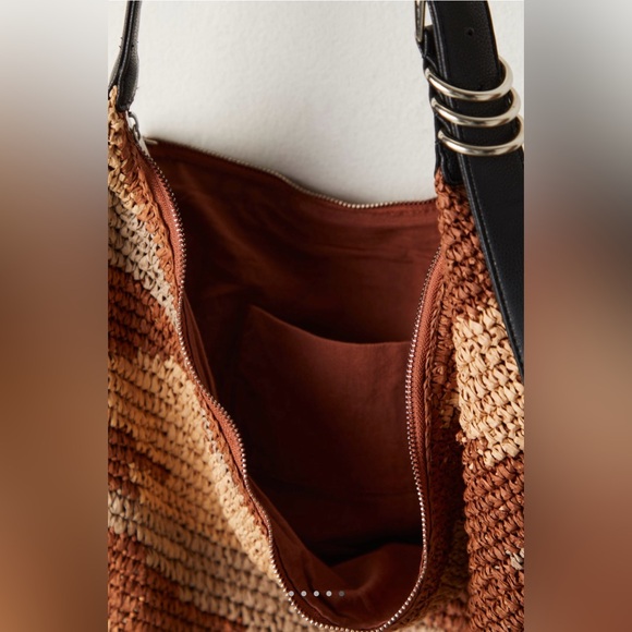 NWT Free People Santorini Straw Tote Bag w/ Leather Adjustable Strap 17x15 New - Picture 5 of 9